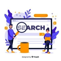 Illustration of two people searching on a large screen with the word 'SEARCH' magnified, representing digital search or SEO optimization.