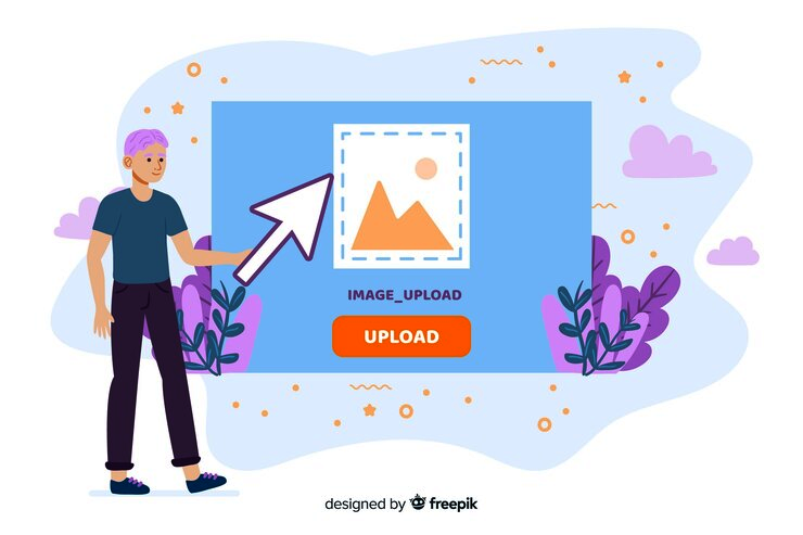 "Illustration of a person with purple hair pointing to an image upload icon on a screen, ready to upload a picture. The scene is decorated with plants and clouds in the background."