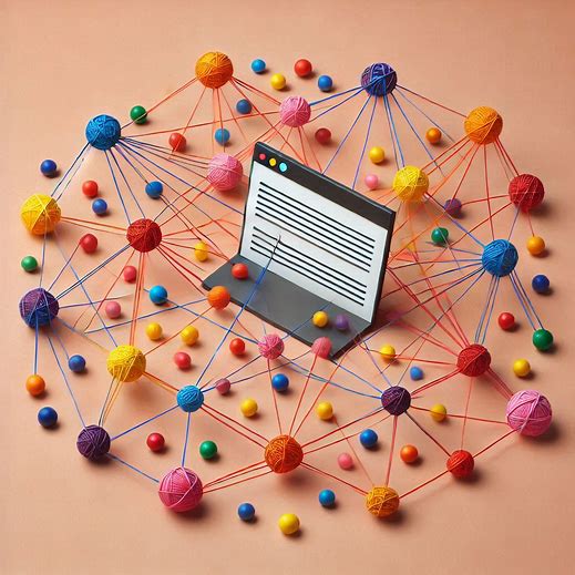 a webpage in the center, linked several nylon strings from nylon balls all around. colourful plasticine art, minimalistic