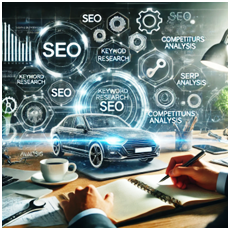 Person taking notes at a desk with a digital representation of a car surrounded by SEO-related terms like keyword research, competitor analysis, and SERP analysis, symbolizing automotive SEO strategies.