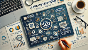 A visually detailed infographic showcasing various SEO concepts like keyword research, on-page optimisation, backlinking, and analytics, with a central title, 'Ultimate SEO Guide.'