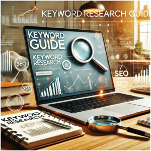 "An image of a workspace focused on keyword research and SEO. A laptop displays a screen with the title 'Keyword Guide' and various graphics like charts, magnifying glass icons, and 'SEO' symbols, highlighting data analysis and search optimization. A notebook labeled 'Keyword Research' lies open on the desk next to the laptop, along with a magnifying glass and several documents. The overall setup emphasizes tools and resources used in digital marketing and keyword analysis."