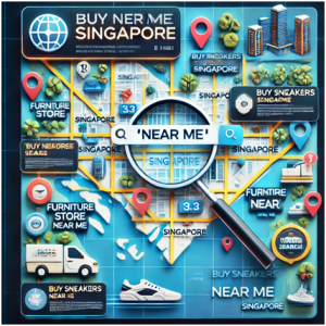 A visual map depicting a 'Buy Near Me Singapore' search query showcases local store icons, furniture and sneakers locations, and interactive search elements on a map layout.