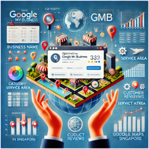 Illustration of Google My Business optimisation featuring a service area map, customer reviews, and star ratings, highlighting strategies for enhancing GMB profiles for businesses in Singapore.