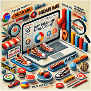 Creative infographic showcasing essential tools and keyword research for 'Buy Near Me Singapore,' with elements like sneakers, graphs, keyword tools, and a search interface.