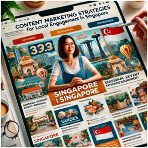 The tablet screen displays content marketing strategies for local engagement in Singapore, featuring cultural landmarks, festive guides, and regional events with vibrant illustrations.