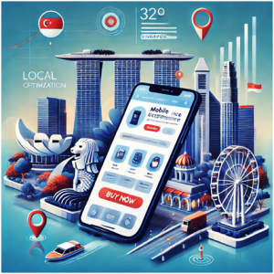 Illustration showcasing mobile optimisation for e-commerce local SEO in Singapore, featuring a smartphone displaying an optimised product page with fast-loading elements, seamless navigation, and a 'Buy Now' button. The background includes iconic Singapore landmarks like Marina Bay Sands and the Merlion, with additional SEO elements such as location pins, magnifying glasses, and upward-trending graphs. The professional color scheme combines blue, white, and subtle hints of red, reflecting Singapore's identity.