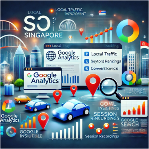 Visual representation of local SEO in Singapore, featuring Google Analytics dashboards, charts, graphs, and icons of cars and location pins, symbolising local traffic, keyword rankings, and conversions within a vibrant urban skyline.