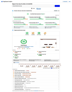 Google PageSpeed Insights performance report showcasing a score of 93, with details on Core Web Vitals, diagnostics, and opportunities for improving metrics such as Largest Contentful Paint (LCP), Total Blocking Time (TBT), and Cumulative Layout Shift (CLS).