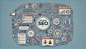 A comprehensive infographic on on-page SEO strategies featuring elements like meta tags, internal linking, content quality, and keyword optimisation, with a central focus on 'On-Page SEO.'