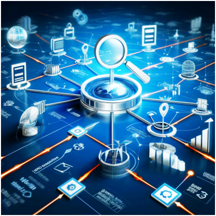 A futuristic digital ecosystem with a magnifying glass at the centre, interconnected with global data points, highlighting advanced SEO and digital marketing networks.