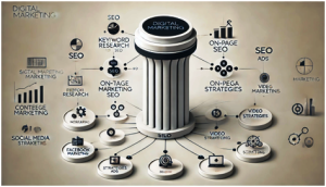 A digital marketing infographic centred on a silo structure, illustrating various strategies such as on-page SEO, keyword research, video marketing, social media strategies, and content marketing, interconnected to represent a holistic approach to online marketing.