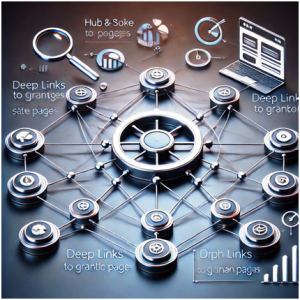 A detailed hub-and-spoke link structure diagram showcasing deep links, drip links, and central connections, emphasising effective internal linking strategies in SEO.