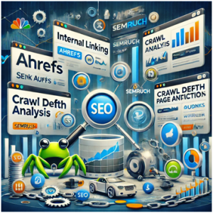 A visual representation of SEO tools such as Ahrefs, SEMrush, and crawl analysis, surrounded by digital metrics and internal linking insights, symbolising in-depth technical SEO analysis.