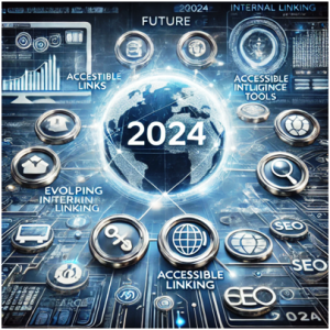 A futuristic 2024-themed digital interface with global interlinking, accessible SEO tools, and advanced internal linking strategies symbolises search engine optimisation's future.