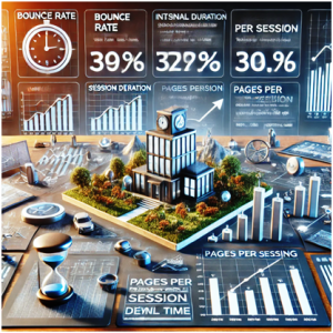 An analytical dashboard with metrics like bounce rate, session duration, and pages per session, alongside a visual model of a city, representing website performance optimisation.