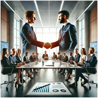 B2B team meeting scene with two suited professionals shaking hands in a modern conference room, surrounded by colleagues and documents, symbolising partnership and corporate collaboration.