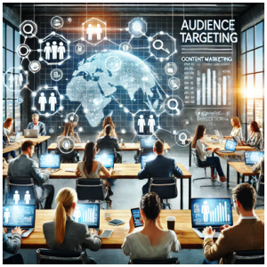 A conference room filled with professionals using laptops, with a digital overlay of global audience targeting and content marketing analytics on a world map, highlighting teamwork in marketing strategy development.