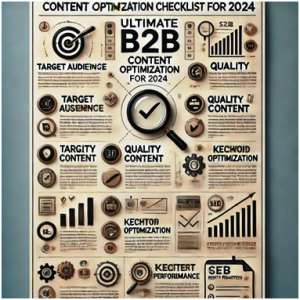 A detailed infographic titled 'Ultimate B2B Content Optimisation Checklist for 2024,' showcasing strategies for targeting audiences, quality content creation, and critical performance metrics.