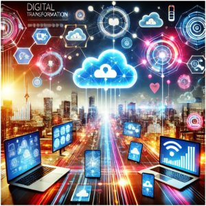 An illustration of digital transformation showcasing a city skyline with interconnected cloud technology, various devices like laptops and smartphones, and futuristic data icons representing connectivity and innovation. 