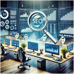 An SEO-focused office setup with magnified visual charts, analytical tools on monitors, and a central magnifying glass symbolises a meticulous search engine optimisation approach.