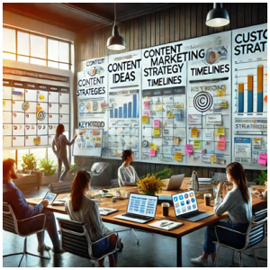 A brainstorming session with a team in a modern office featuring walls covered with content marketing strategy boards, timelines, and charts, emphasising a collaborative approach to digital marketing.