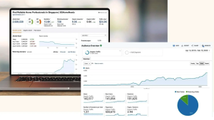 Screenshot of SGHomeNeeds analytics data showing significant organic traffic growth and SEO metrics. The left section features Ahrefs data, including a Domain Rating (DR) of 33, 10.9K backlinks, 728 referring domains, and an organic keyword ranking of 9.5K. The right section highlights Google Analytics with graphs depicting a steady rise in users and sessions from 2018 to 2020, totalling 142,517 organic users and 533,673 pageviews.