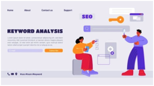 Illustration of a website page titled 'Keyword Analysis' for SEO (Search Engine Optimization). It features two people working collaboratively: one holding a magnifying glass, and the other seated with a laptop. The design includes icons such as a search bar, a key symbolizing keywords, and settings icons, highlighting tools and elements related to SEO. The top navigation menu includes links like 'Home,' 'About,' 'Contact us,' and 'Support,' with a call-to-action button labeled 'Subscribe.