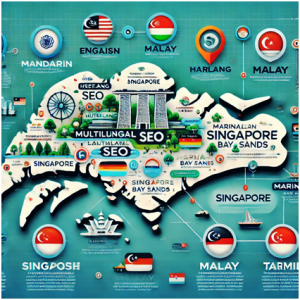 This creative map-themed infographic illustrates multilingual SEO strategies in Singapore. It features landmarks like Marina Bay Sands and languages like English, Malay, and Mandarin.