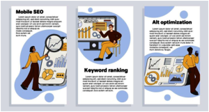 Illustration of SEO concepts with three panels. The first panel titled 'Mobile SEO' shows a person analyzing a large smartphone screen with charts and graphs. The second panel titled 'Keyword ranking' depicts a person pointing at a desktop screen displaying analytics and charts. The third panel titled 'Alt optimization' shows a person reviewing a desktop with visual data representations.