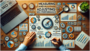 An organised dashboard-style infographic for tracking and adjusting SEO performance metrics, showing graphs, keyword tracking, and analytic tools in a workspace setting.