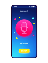 Mobile voice search interface with a bright, colorful design. The screen displays a large microphone icon at the center with the text 'Voice Search' above and 'Tap to speak' below. A yellow 'Search' button is located at the bottom, surrounded by small, floating colorful dots against a blue gradient background.