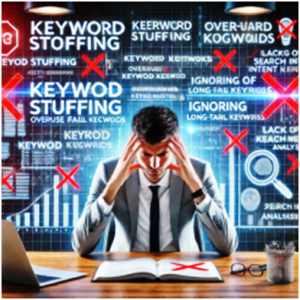 Frustrated man in a suit sitting at a desk with his hands on his temples, surrounded by words and phrases like 'Keyword Stuffing,' 'Ignoring Long-Tail Keywords,' and 'Lack of Search Analysis,' marked with red Xs. Background features various SEO mistakes, indicating a focus on common search engine optimization pitfalls.