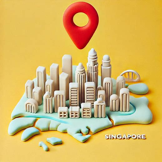 very minimalistic, plasticine shape of singapore. with a red pin on top.