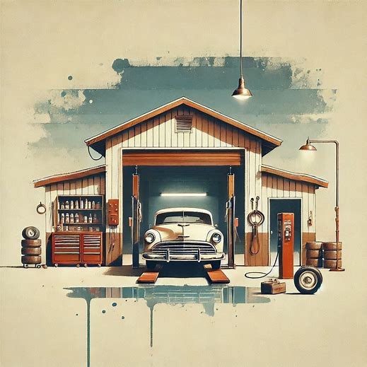 a minimalistic car repair workshop. water paint art, 1950s