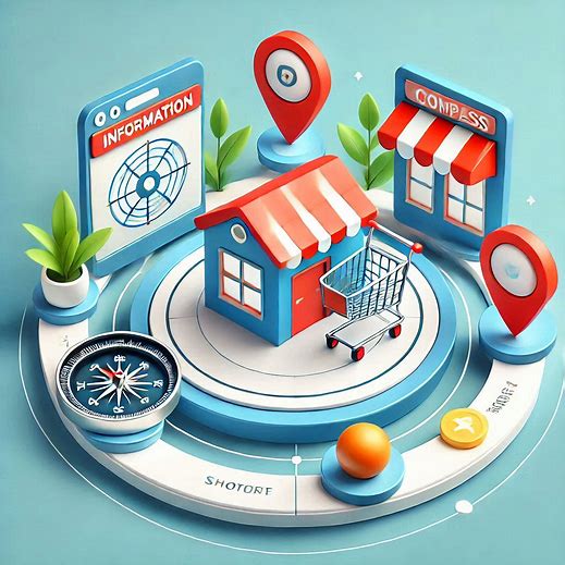 a web page of information, a compass, a physical store and a shopping cart. all four corners of the image, bright colours and minimalistic style