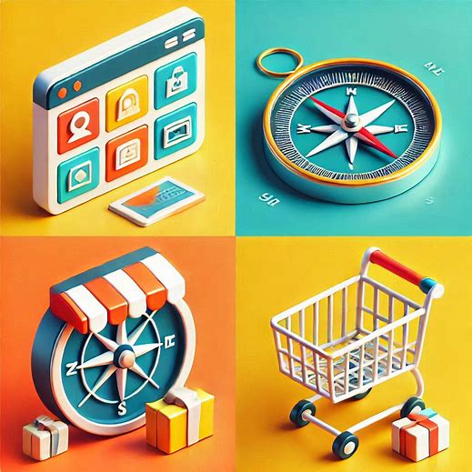 a web page of information, a compass, a physical store and a shopping cart. all four corners of the image, bright colours and minimalistic style