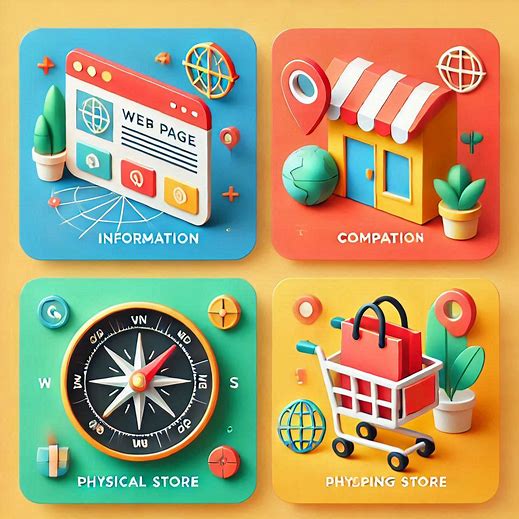 a web page of information, a compass, a physical store and a shopping cart. all four corners of the image, bright colours and minimalistic style