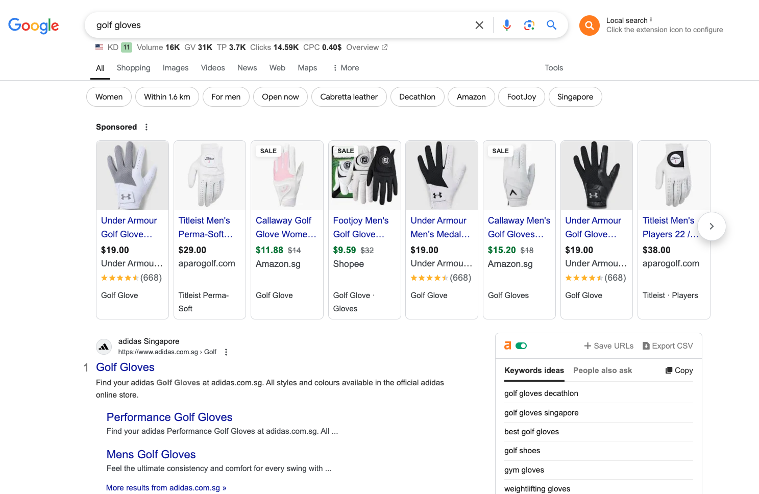 Golf gloves on Google Search Results