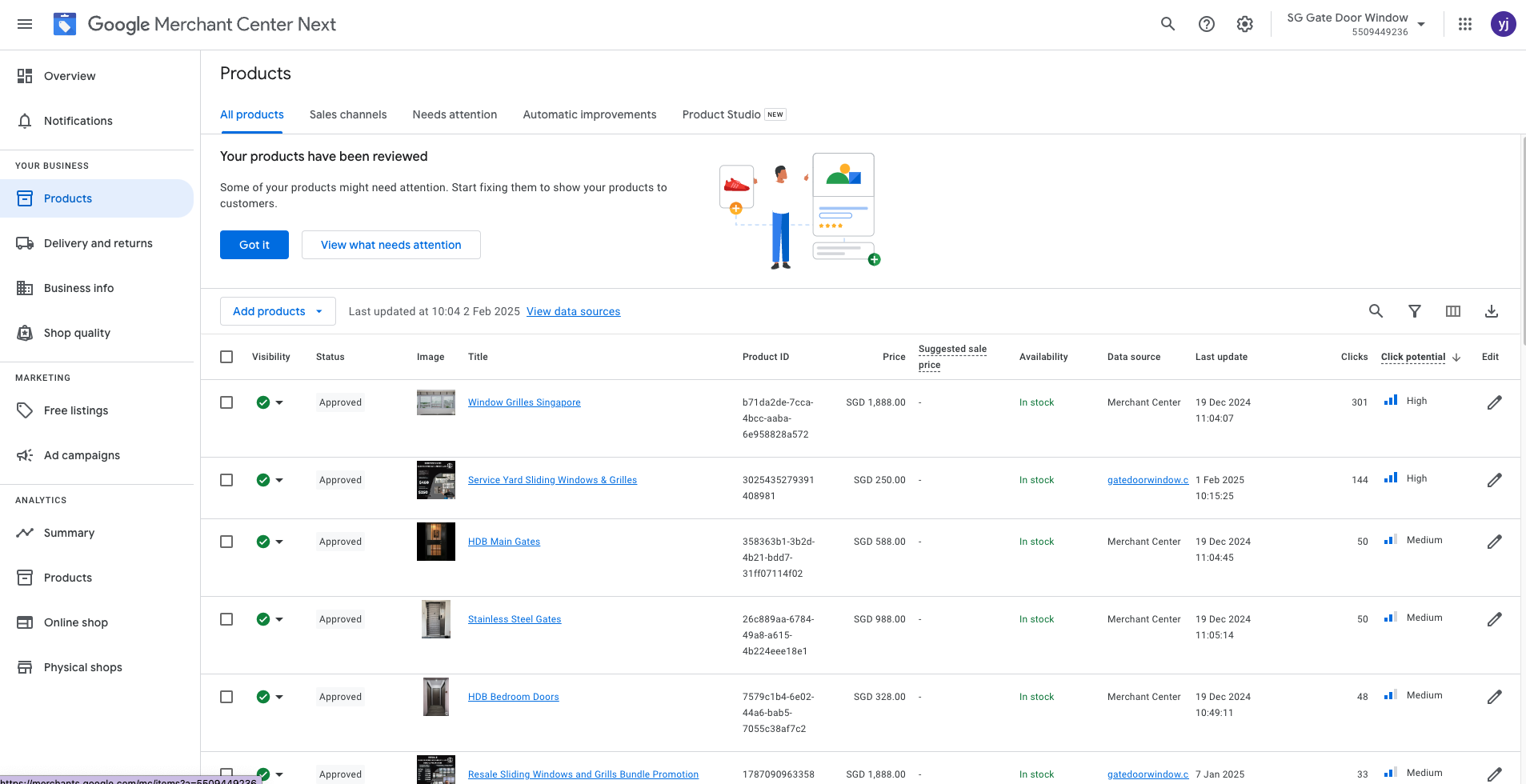 Google Merchant Center Backend Product Dashboard