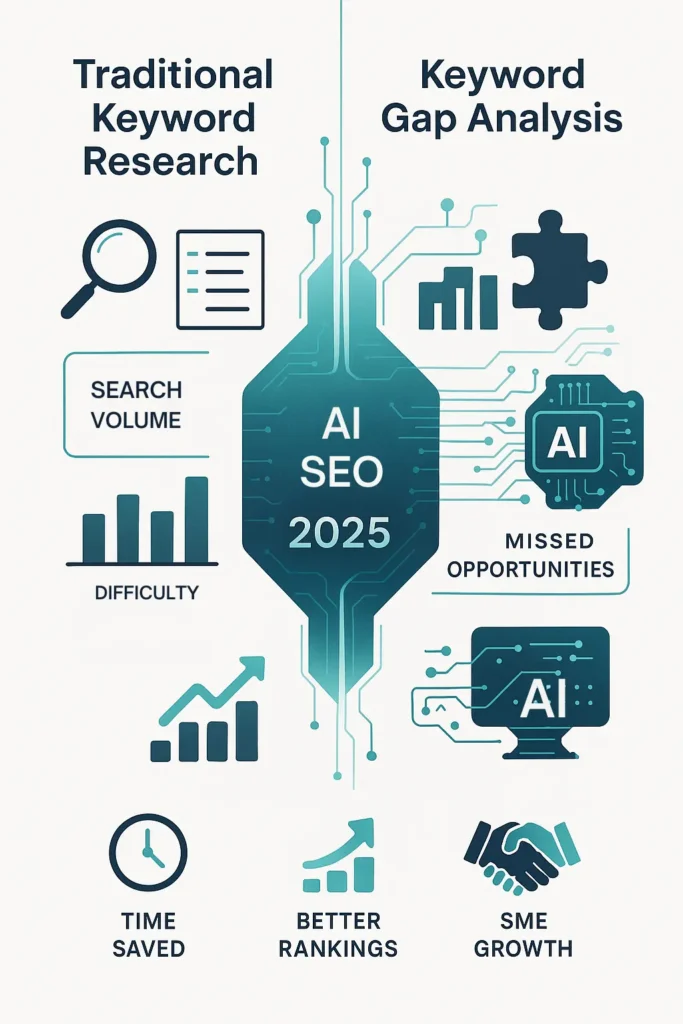 An infographic showing the key differences between traditional keyword research vs AI content gap analysis