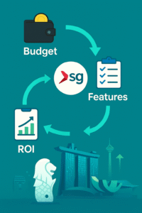 Infographic showing a cycle of Budget, Features, and ROI, with icons of a wallet, checklist, and growth chart, set against a Singapore skyline with the Merlion and Marina Bay Sands, promoting AI SEO apps.