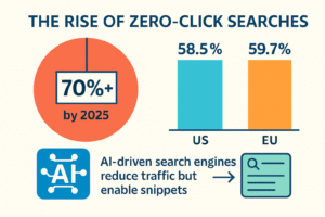 A colorful infographic showing the rise of zero-click searches (70%+ by 2025, 58.5%/59.7% in US/EU 2024) with a pie chart or bar graph, highlighting how AI-driven search engines reduce traffic but enable snippets.