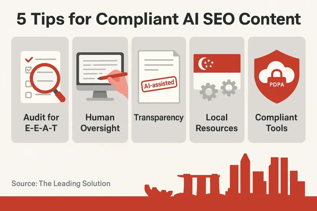 An infographics image depicting five tips for compliant AI SEO