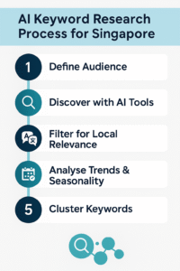 An infographics showing a step-by-step guide on how to do AI keyword research.