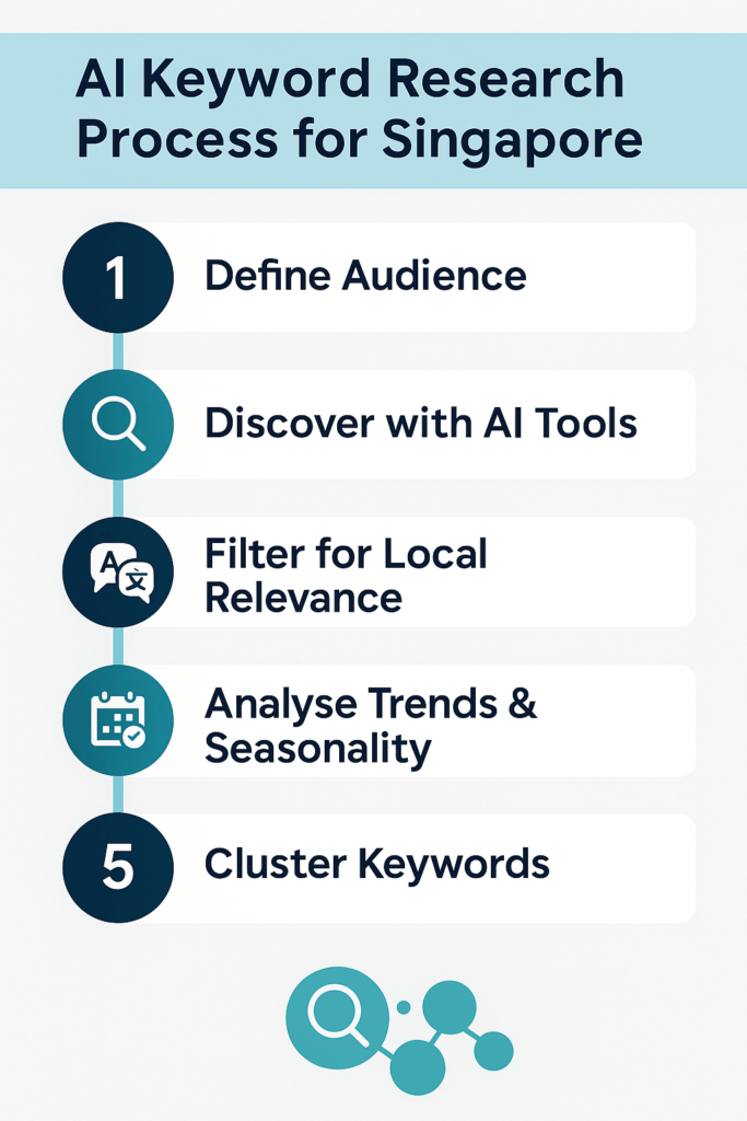 An infographics showing a step-by-step guide on how to do AI keyword research.