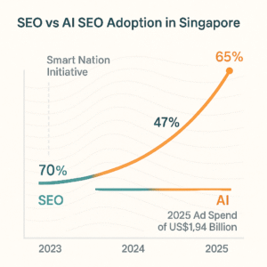 Chart showing SEO vs AI SEO growth in Singapore, with teal for traditional SEO and orange for AI SEO adoption from 2023-2025 on a light gray background with wave pattern.