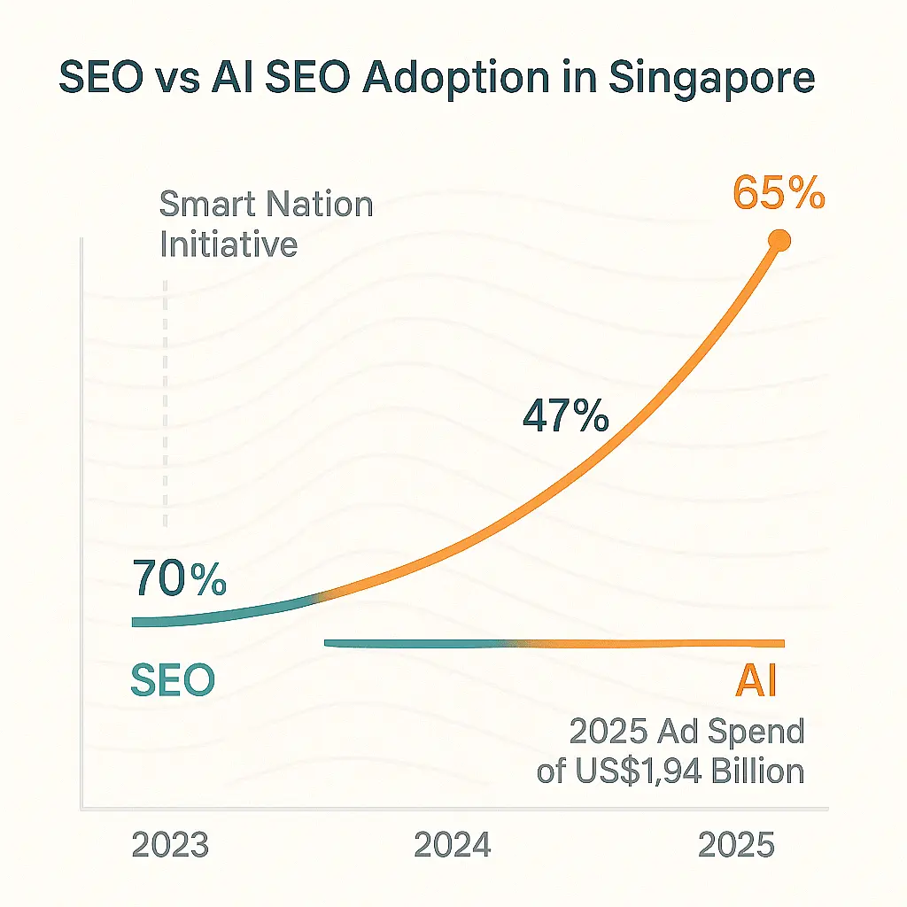 Chart showing SEO vs AI SEO growth in Singapore, with teal for traditional SEO and orange for AI SEO adoption from 2023-2025 on a light gray background with wave pattern.