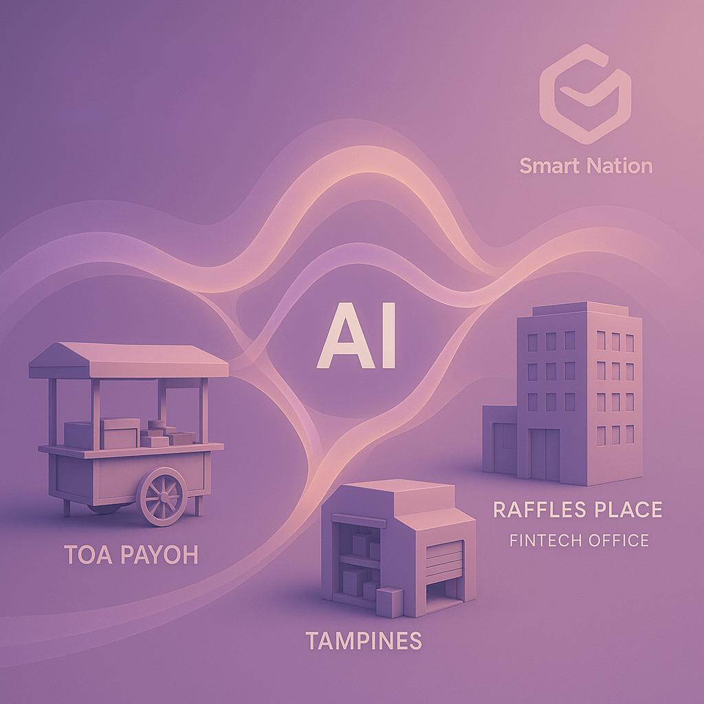 3D visual of AIO implementation in Singapore 2025, connecting a Toa Payoh food cart, Tampines e-commerce warehouse, and Raffles Place fintech office with a purple-orange AI network, featuring a Smart Nation logo.