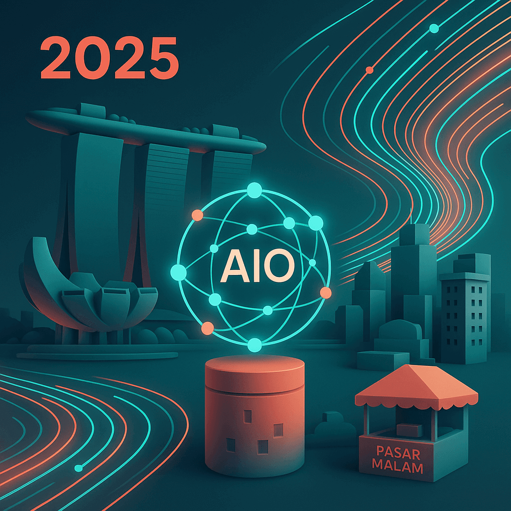 Modern 3D artwork of Singapore 2025 skyline with Marina Bay Sands, featuring AIO services as a glowing node network for retail and logistics, with HDB and pasar malam elements.